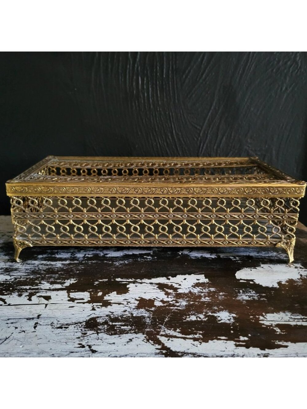 Vintage Hollywood Regency Filigree Footed Tissue Box Holder Rectangular